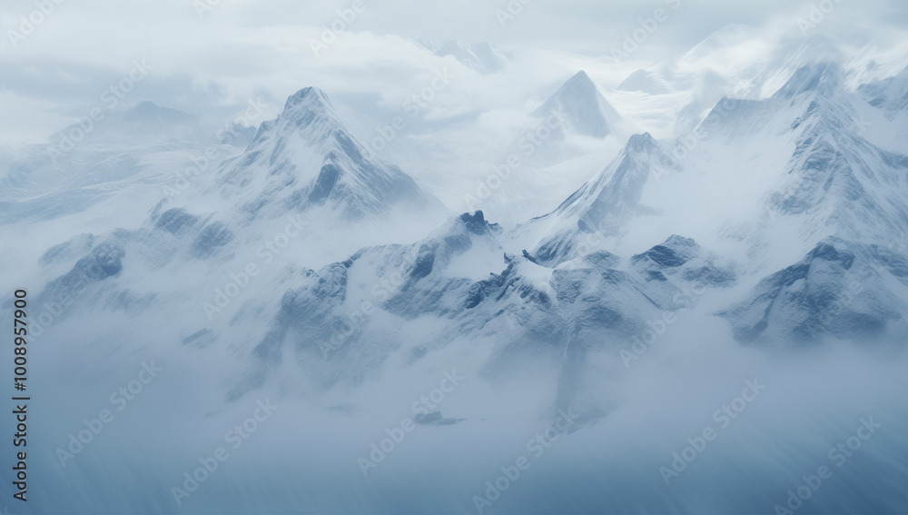 Misty snow-covered mountain range in soft blue tones Misty snow-covered mountain range in soft blue tones