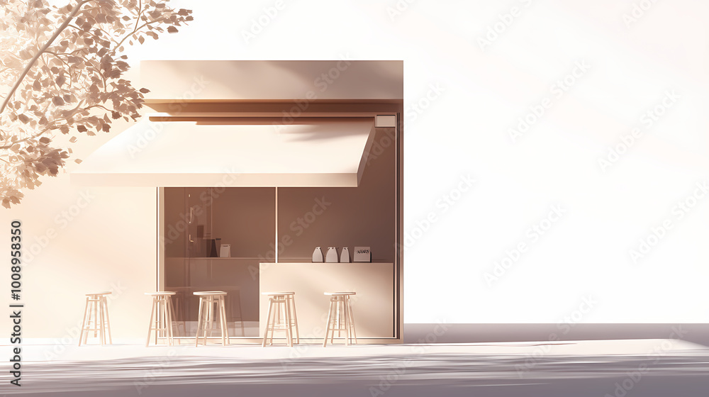 3D illustration of a modern minimalist coffee shop landscape. Architectural design perspective, construction of a fantasy building. 3D illustration of a modern minimalist coffee shop landscape. Architectural design perspective, construction of a fantasy building.