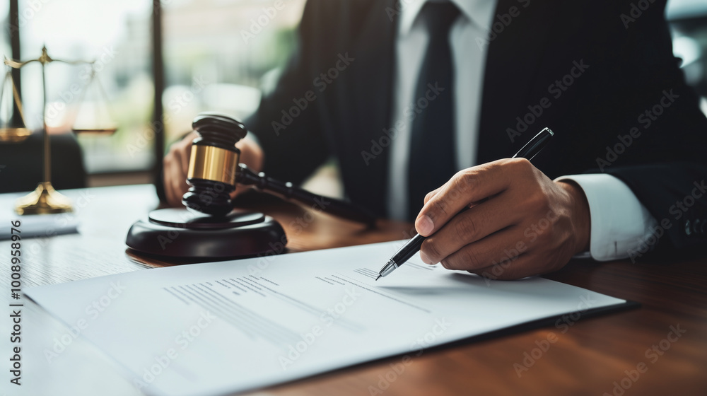 The male judge sits behind a desk filled with legal documents, a gavel, and a small house model, preparing to sign a contract related to real estate law and property division. The male judge sits behind a desk filled with legal documents, a gavel, and a small house model, preparing to sign a contract related to real estate law and property division.