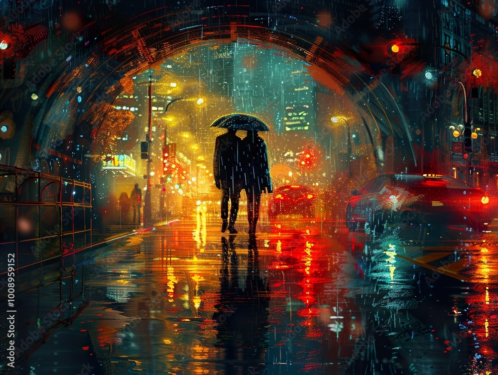 Rainy Night in the City: Couple Under an Umbrella Rainy Night in the City: Couple Under an Umbrella