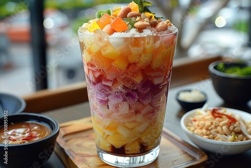 Vietnam: Che Ba Mau A glass filled with layers of colorful jellies, beans, coconut milk, and crushed ice, topped with a drizzle of coconut cream. photo