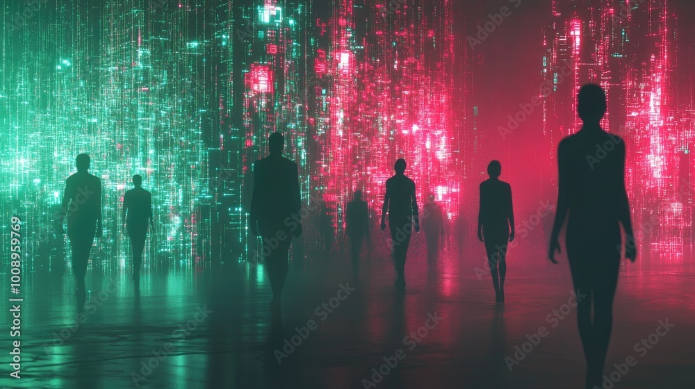 Obraz premium Abstract silhouettes of people merging with glowing digital circuits, symbolizing the fusion of humans and technology, set against a futuristic backdrop