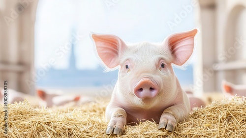 Pigs resting in a spacious, open barn with fresh straw bedding, reflecting high welfare standards in livestock farming photo