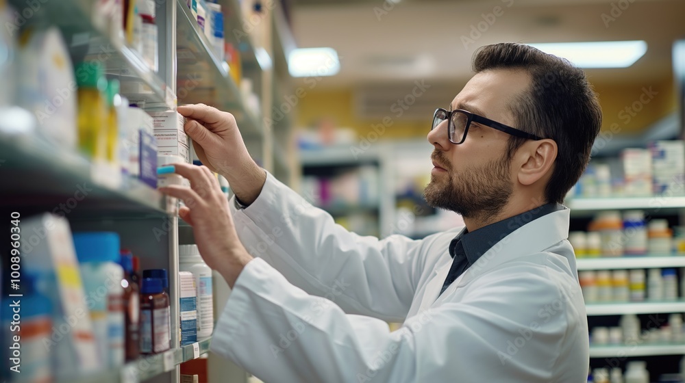 Male pharmacist wears eyeglasses, lab coat working in modern drugstore. Man checks medicine on shelf. Various pharmaceutical products on display. Caucasion man in professional attire. Health care pro