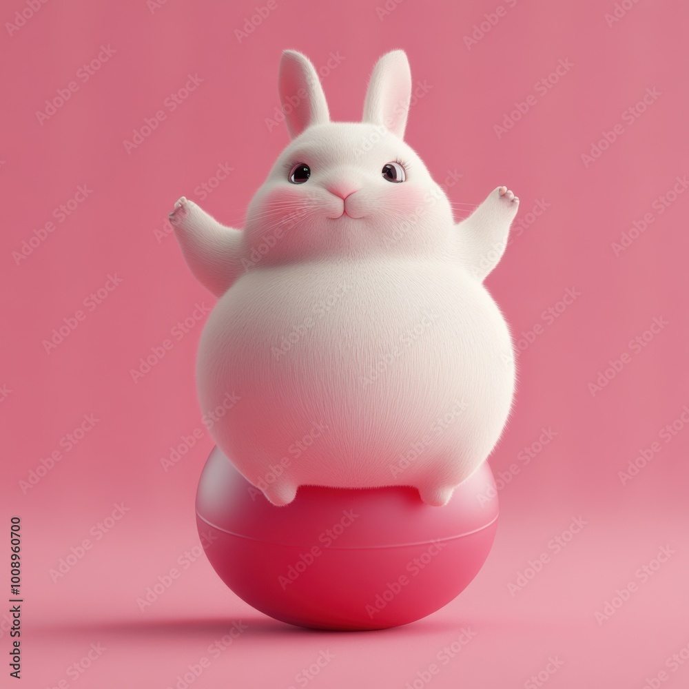 A cute, chubby rabbit figurine joyfully balancing on a vibrant pink ball, perfect for playful and whimsical designs. A cute, chubby rabbit figurine joyfully balancing on a vibrant pink ball, perfect for playful and whimsical designs.