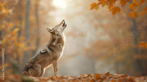 A coyote howls in serene autumn forest, surrounded by vibrant orange leaves. scene captures essence of natures beauty and wild spirit of animal. photo