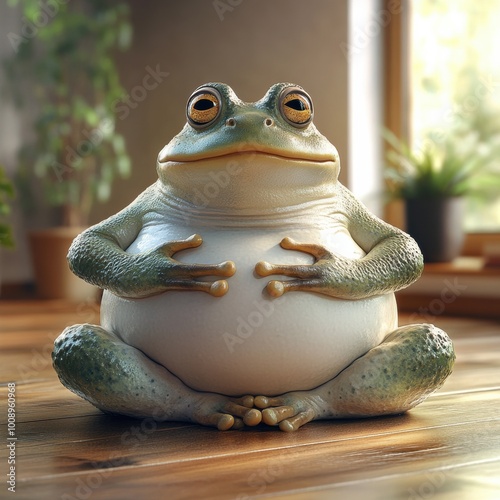 A realistic frog sitting comfortably indoors, featuring vibrant colors and a serene atmosphere, perfect for nature-themed projects. photo