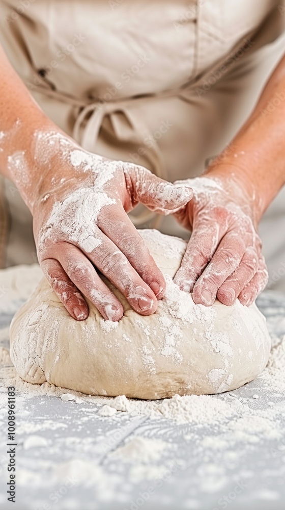 Fototapeta premium Hands gently kneading dough on a floured surface. Perfect for baking tutorials or cookbooks.