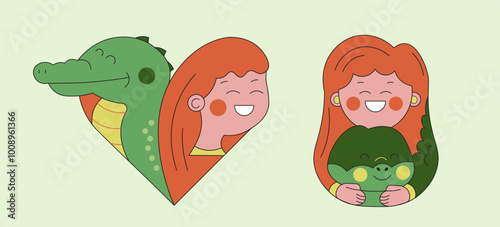 Logos with a girl and an alligator. Caring for animals. The design can be used for animal protection organizations, conservation programs or projects related to the rescue and rehabilitation of animal