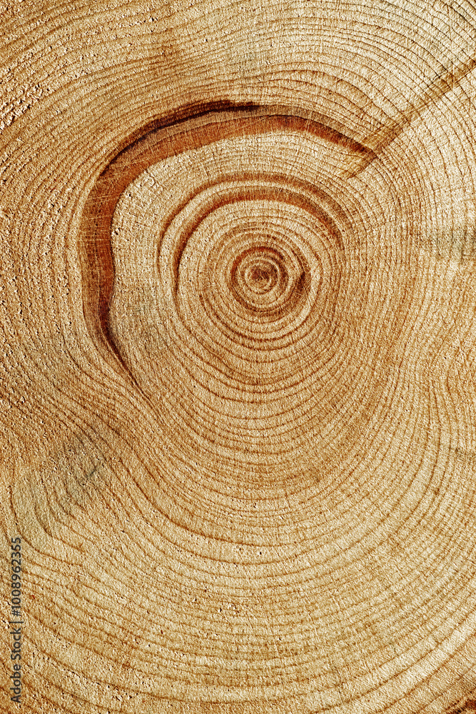 Naklejka premium Natural wooden background, wood texture annual rings form. Macro photo of cross section of juniper log, graphic nature organic pattern. Sawed timber close up with tree ring pattern, vertical