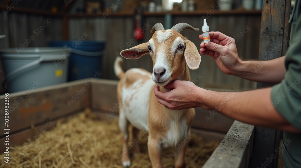 Farmhand carefully administers vitamins to a goat on a small farm, showcasing livestock care techniques in action Farmhand carefully administers vitamins to a goat on a small farm, showcasing livestock care techniques in action