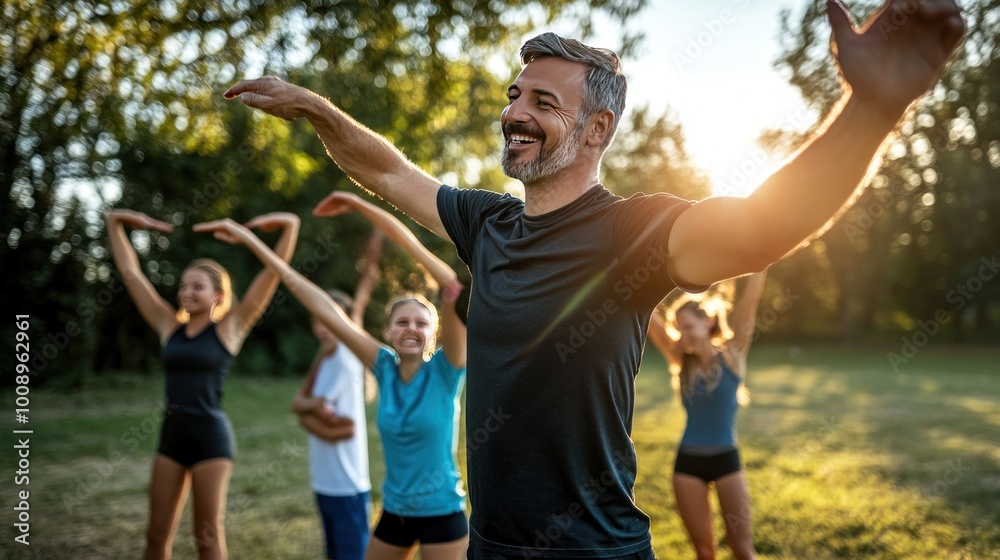 Group of people exercising outdoors with a smiling instructor leading the session. Group of people exercising outdoors with a smiling instructor leading the session.