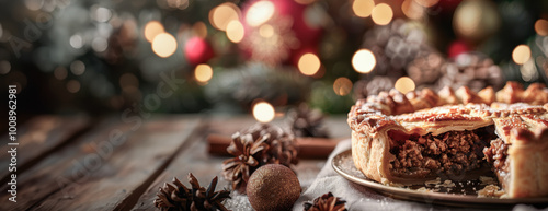 Festive Meat Pie with Pine Cones and Christmas Decor, Warm Holiday Ambiance, Bokeh Lights, Cozy Winter Setting, Holiday Baking Concept