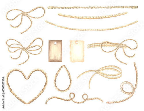 Collection of ropes and tags decor. Set of watercolor hand drawn illustration isolated. Label with place for text and string. Bow from fiber of burlap. Clipart for card, creativity, craft, sticker.