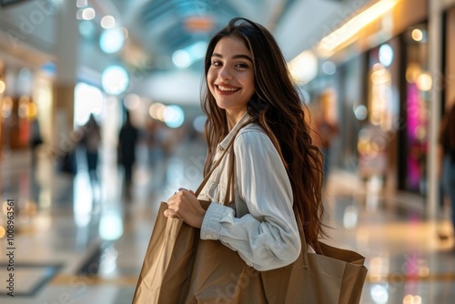 Happy latina in shopping mall adult bag shopping bag. photo