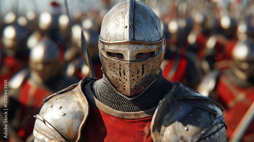Cinematic shot of a medieval knight in a silver plated armor, with an army standing behind him, war, dynasty Cinematic shot of a medieval knight in a silver plated armor, with an army standing behind him, war, dynasty