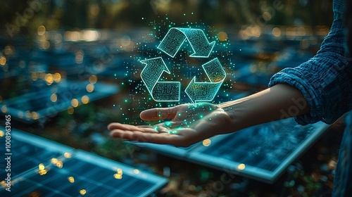 A man's hand extended forward, with a luminous green recycle symbol and solar panels in the background photo