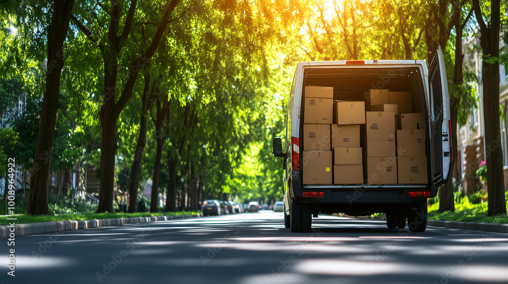 A moving truck parked on a tree-lined avenue, doors open wide, with labeled boxes stacked inside, representing the start of a family's relocation journey. A moving truck parked on a tree-lined avenue, doors open wide, with labeled boxes stacked inside, representing the start of a family's relocation journey.