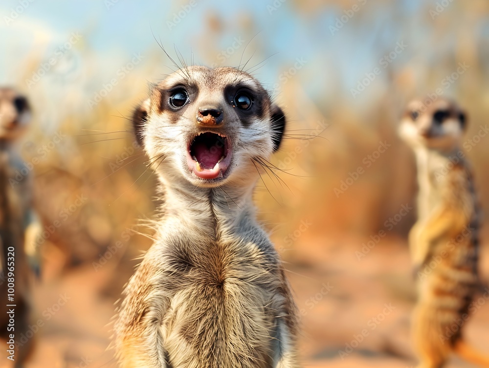 Fototapeta premium Startled Meerkat Standing Upright with Wide Open Eyes and Mouth in Desert Setting