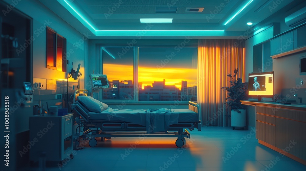 Fototapeta premium A hospital room with a bed, medical equipment, and a window with