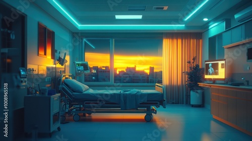 A hospital room with a bed, medical equipment, and a window with