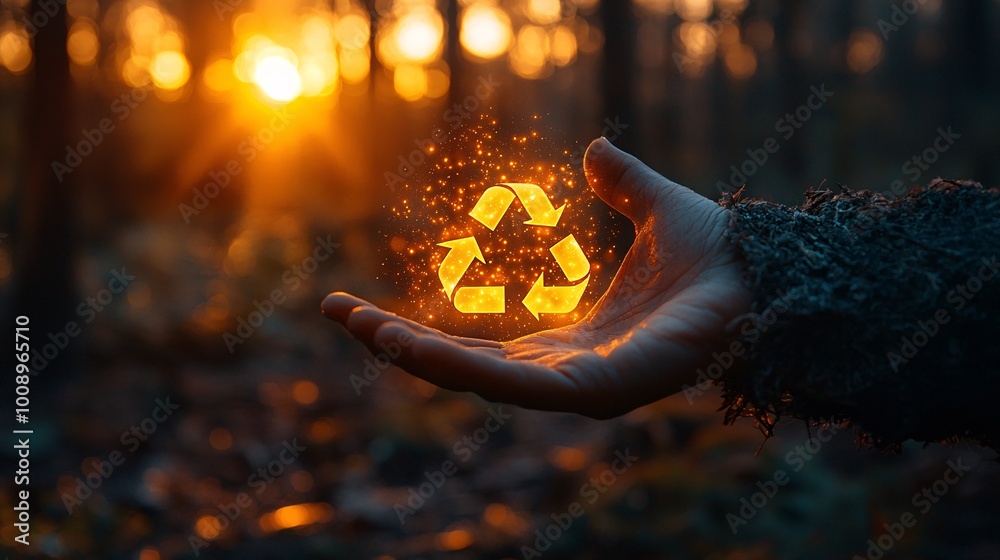 A man holding out his palm with a recycle symbol carved in light, with a sunset in the distance A man holding out his palm with a recycle symbol carved in light, with a sunset in the distance