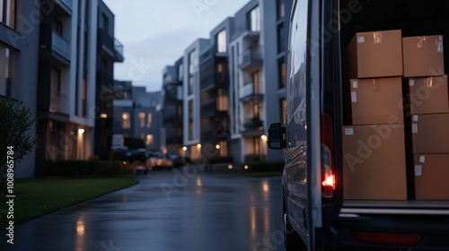 In front of a modern apartment complex, a moving truck with its doors wide open shows stacks of boxes loaded neatly, ready for the next step of an organized relocation.