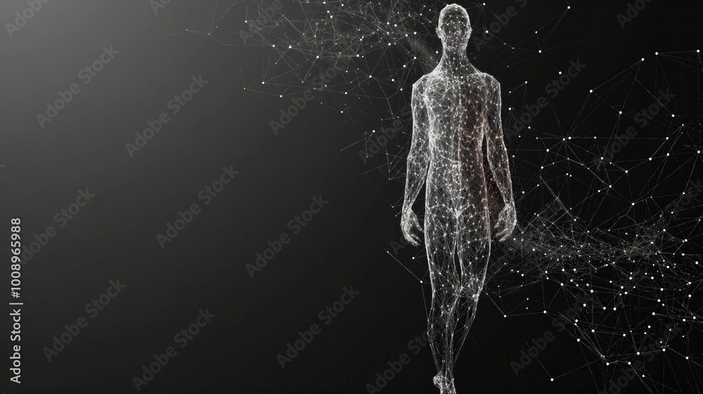 Isolated low-poly black modern illustration of human body with thin lines and dots. Simple, minimalist wireframe representation of person. Medical, scientific, anatomical concept art. Isolated low-poly black modern illustration of human body with thin lines and dots. Simple, minimalist wireframe representation of person. Medical, scientific, anatomical concept art.