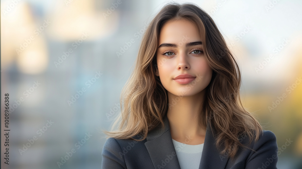 Fototapeta premium confident young woman with wavy hair, wearing blazer, stands outdoors with blurred cityscape in background