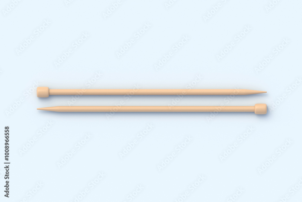 Obraz premium Wooden knitting needles on light gray background. Sticks for knit. Needlework tool. Handicraft equipment. Top view. 3d render