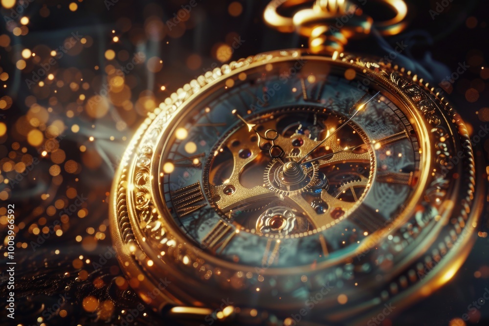 Fototapeta premium Close-up view of a pocket watch on a wooden table
