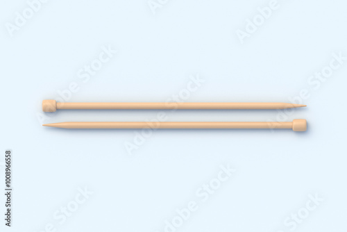 Wooden knitting needles on light gray background. Sticks for knit. Needlework tool. Handicraft equipment. Top view. 3d render