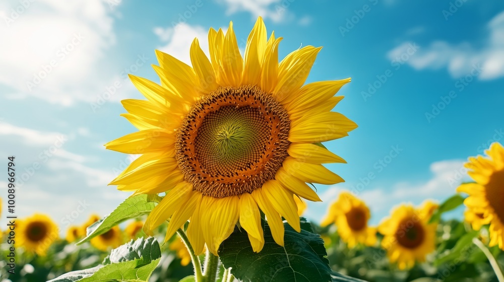 Bright Yellow Sunflower Field with Blue Sky and White Clouds Bright Yellow Sunflower Field with Blue Sky and White Clouds