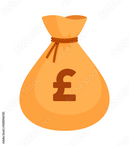 Beige money bag with a British pound sign and brown rope tie. Economy, finance, wealth, investment, savings, profit, income, sterling concept. Flat vector illustration isolated on a white background	