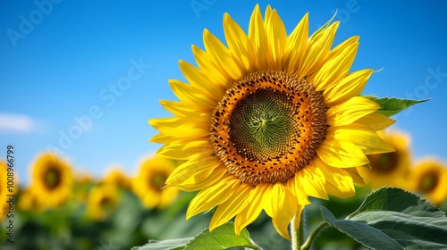 Bright Yellow Sunflower Field with Blue Sky Background