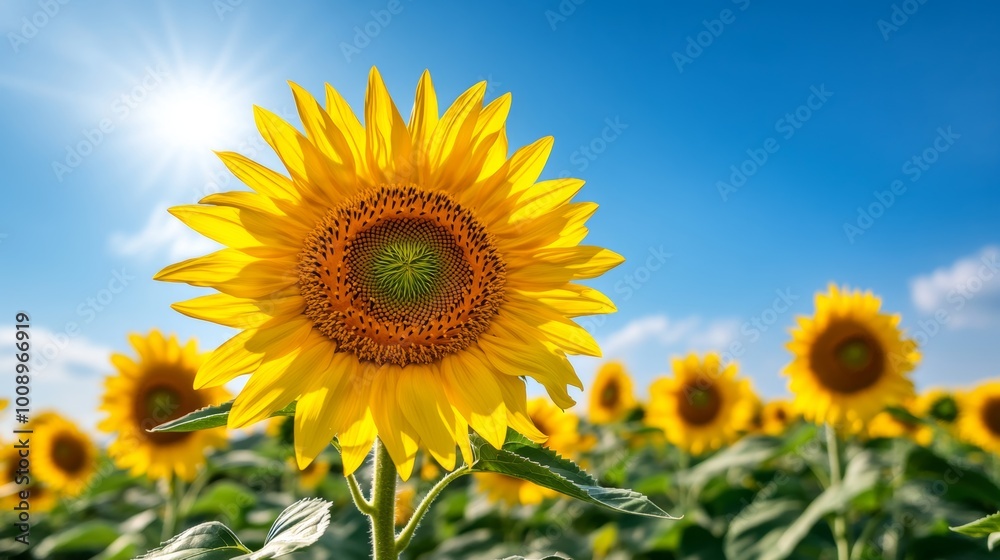 Sunny Sunflower Field with Blue Sky and Clouds Sunny Sunflower Field with Blue Sky and Clouds