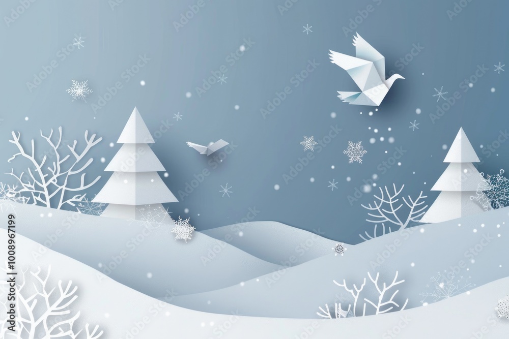 A bird soaring above a winter wonderland scene with snow-covered trees and falling snowflakes A bird soaring above a winter wonderland scene with snow-covered trees and falling snowflakes