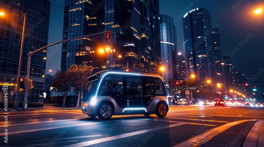 Electric vehicle drives down city street at night. Tall buildings, traffic lights shine on road. Modern car with sleek design cruises through urban landscape. Electric vehicle drives down city street at night. Tall buildings, traffic lights shine on road. Modern car with sleek design cruises through urban landscape.