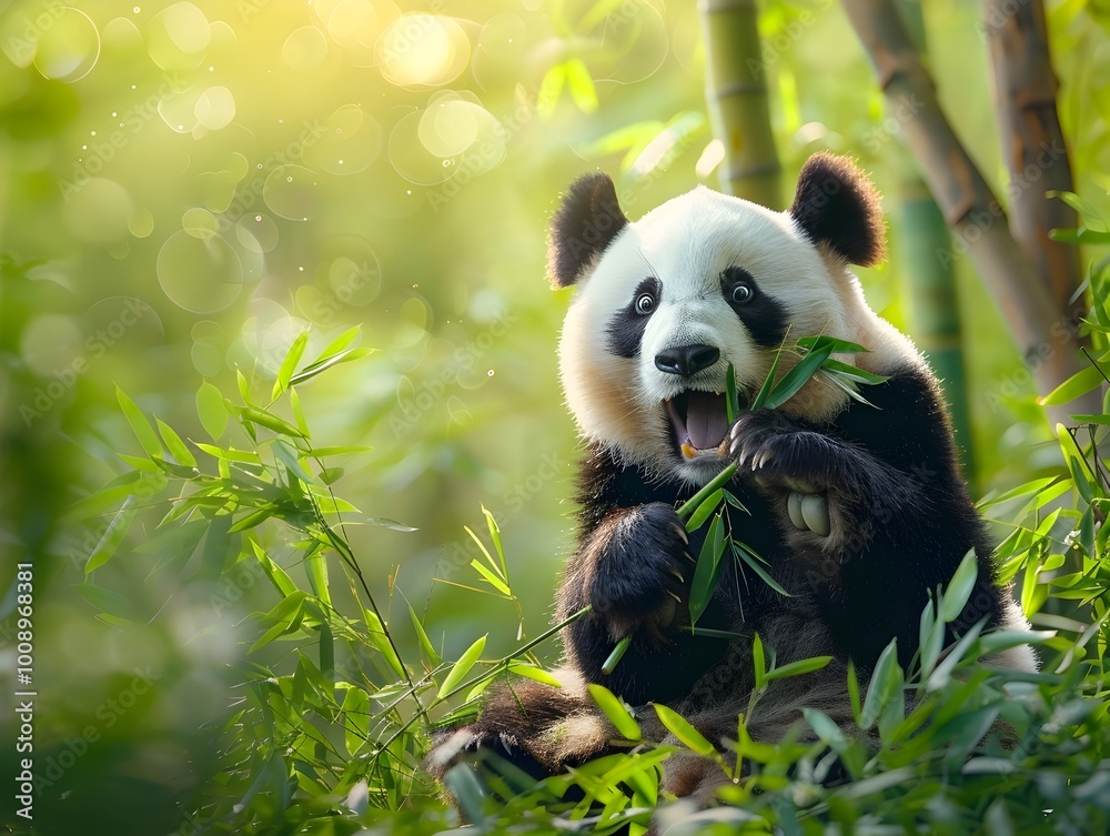 Fototapeta premium Surprised Panda Sitting Amid Detailed Bamboo Forest with Soft Sunlight