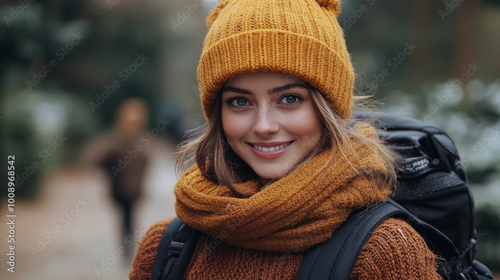 Happy Young Woman Hiking in Autumn Forest Happy Young Woman Hiking in Autumn Forest