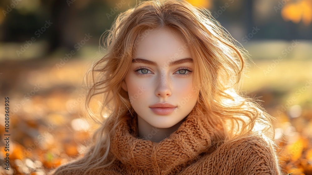 Beautiful young woman with long red hair in autumn leaves Beautiful young woman with long red hair in autumn leaves