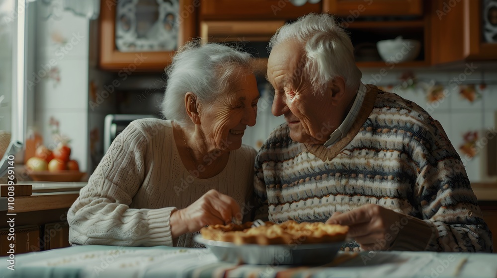 Elderly Couple Enjoys Homemade Apple Pie in Cozy Kitchen Sharing Warm Memories and Nostalgia Elderly Couple Enjoys Homemade Apple Pie in Cozy Kitchen Sharing Warm Memories and Nostalgia