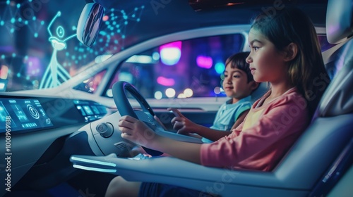 Children ride in a self-driving car with artificial intelligence autopilot. Family enjoys safe transportation with modern technology inside. Electric vehicle interior features smart navigation system. photo