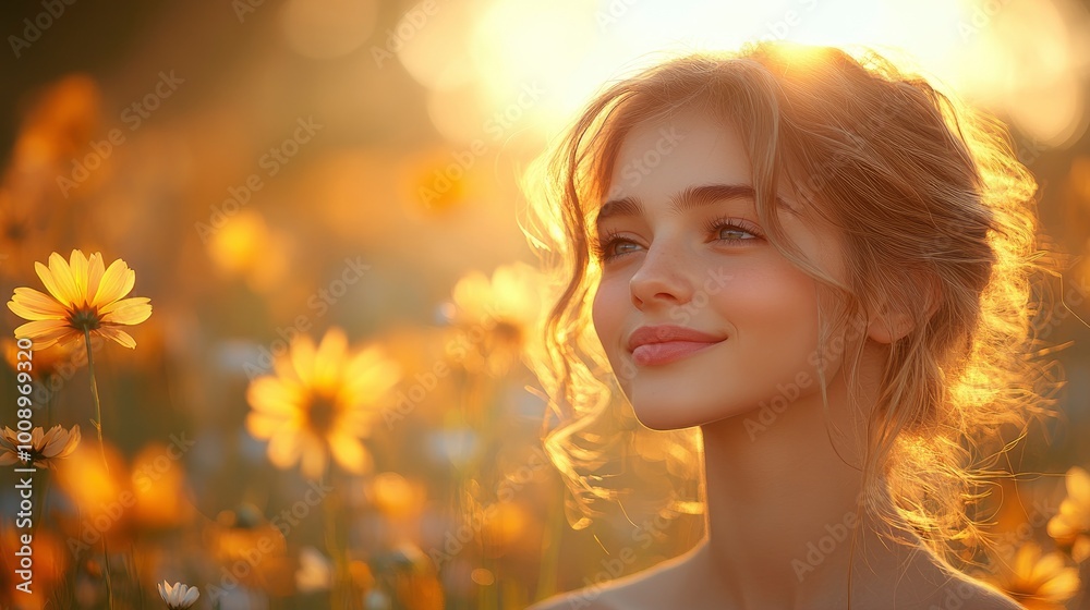 Young Woman in Field of Flowers at Sunset