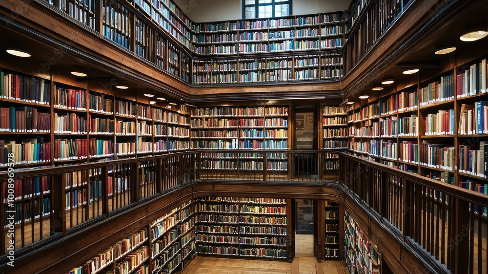 A beautiful interior view of a large library featuring wooden shelves filled with colorful books, inviting reading spaces, and natural light. A beautiful interior view of a large library featuring wooden shelves filled with colorful books, inviting reading spaces, and natural light.
