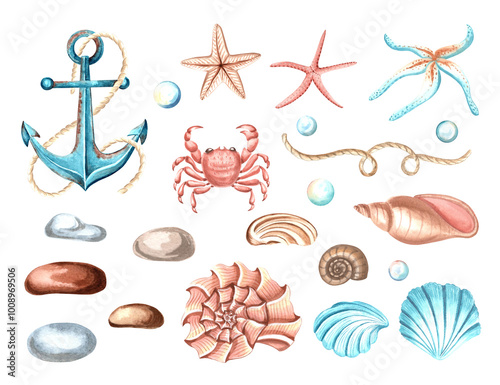 Underwater decor collection. Anchor with starfishes, crab and seashels with pebbles. Set of watercolor hand drawn illustration isolated. Mediterranean and tropical sea theme. Clipart for print, card. photo