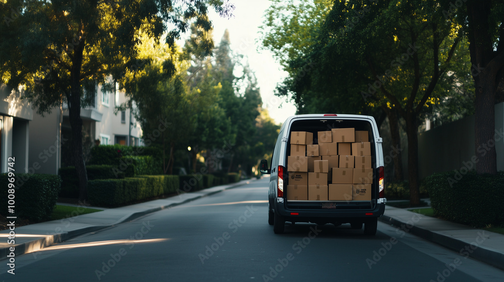 A delivery van parked on a tree-lined street with its back doors open, displaying boxes packed tightly inside, ready for the dayâs deliveries to neighborhood homes. A delivery van parked on a tree-lined street with its back doors open, displaying boxes packed tightly inside, ready for the dayâs deliveries to neighborhood homes.