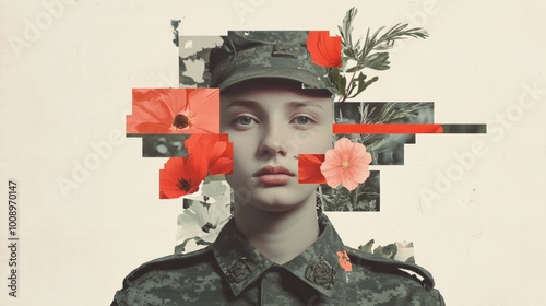 collage texture young lady soldier portraite with flowers