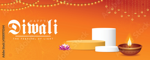 happy Diwali festival sale podium design with Diwali Festival Of Lights Banner with Diya Vector Illustration