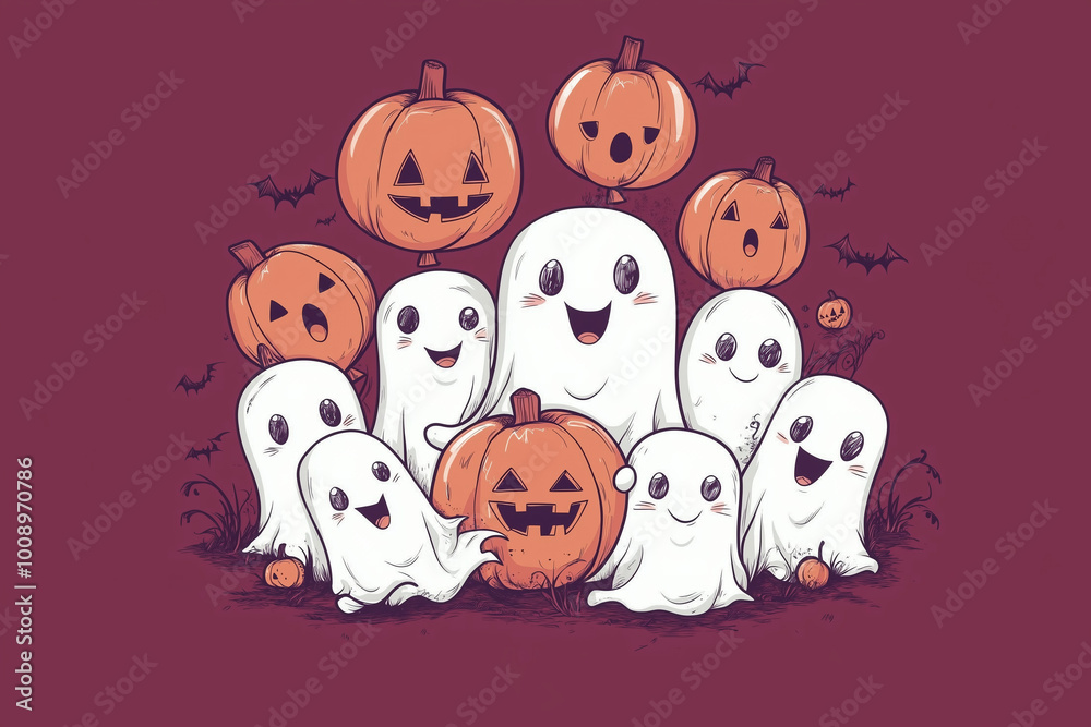 Fototapeta premium Banner or card with group of white ghost sheet costumes on bright purple background. Magic cute spirits.